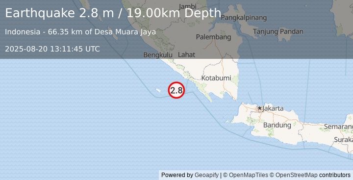 Earthquake SOUTHERN SUMATRA, INDONESIA (2.8 m) (2025-08-20 13:11:45 UTC)