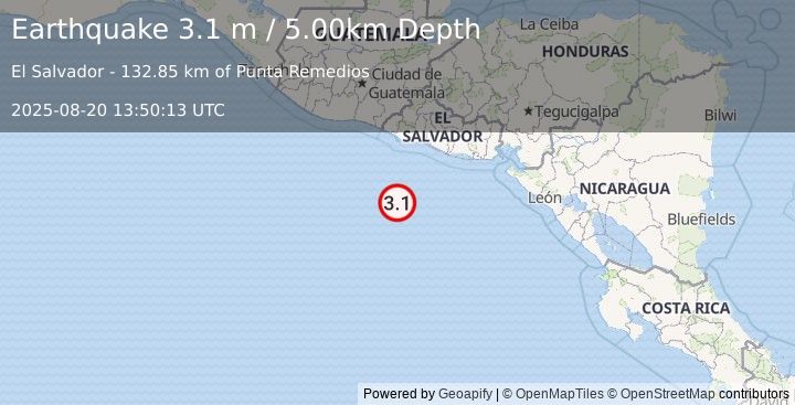 Earthquake OFF THE COAST OF EL SALVADOR (3.1 m) (2025-08-20 13:50:13 UTC)