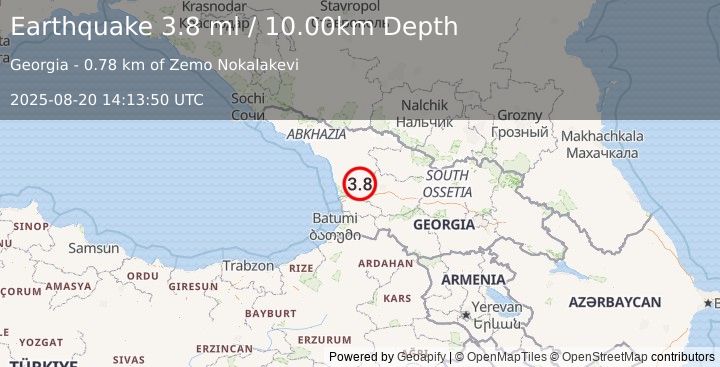 Earthquake GEORGIA (SAK'ART'VELO) (3.8 ml) (2025-08-20 14:13:50 UTC)