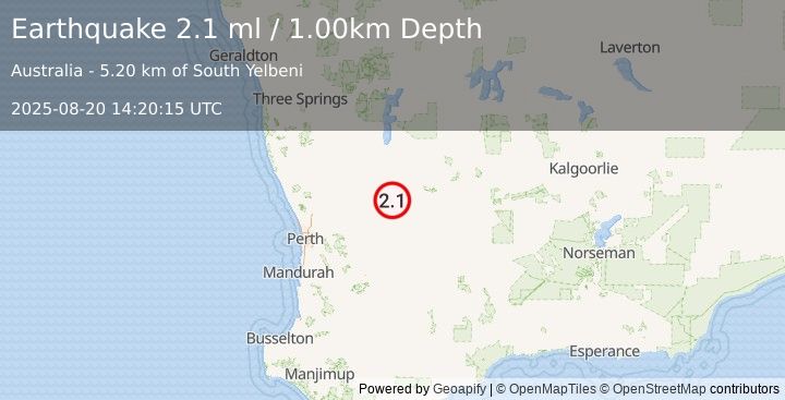 Earthquake WESTERN AUSTRALIA (2.1 ml) (2025-08-20 14:20:15 UTC)