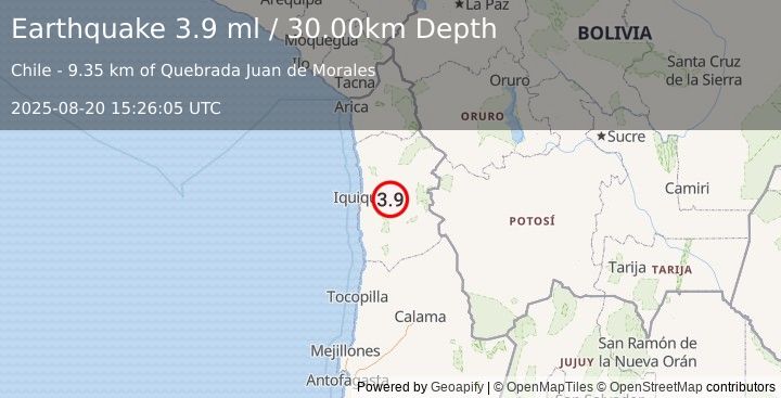 Earthquake TARAPACA, CHILE (3.6 ml) (2025-08-20 15:26:04 UTC)