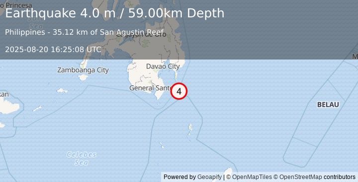 Earthquake MINDANAO, PHILIPPINES (4.0 m) (2025-08-20 16:25:08 UTC)