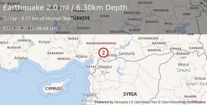 Earthquake CENTRAL TURKEY (2.0 ml) (2025-08-20 16:38:04 UTC)