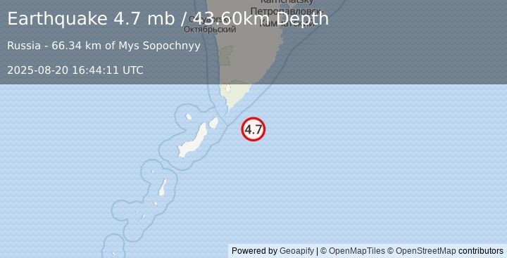 Earthquake KURIL ISLANDS (4.7 mb) (2025-08-20 16:44:11 UTC)