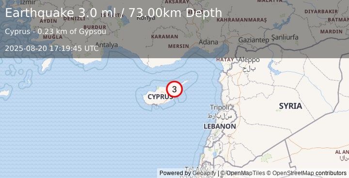 Earthquake CYPRUS REGION (3.0 ml) (2025-08-20 17:19:45 UTC)