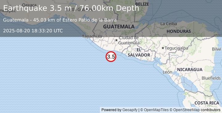 Earthquake OFFSHORE GUATEMALA (3.7 m) (2025-08-20 18:33:14 UTC)