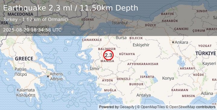 Earthquake WESTERN TURKEY (2.3 ml) (2025-08-20 18:34:58 UTC)