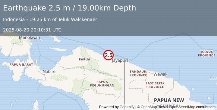 Earthquake NEAR N COAST OF PAPUA, INDONESIA (2.5 m) (2025-08-20 20:10:31 UTC)