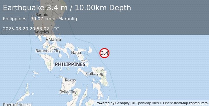 Earthquake PHILIPPINE ISLANDS REGION (3.4 m) (2025-08-20 20:53:02 UTC)