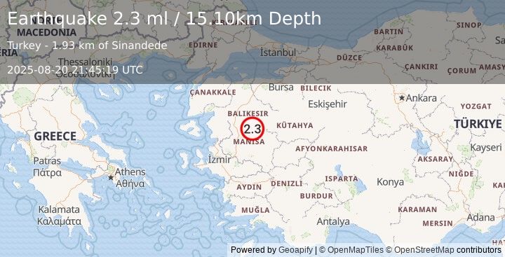 Earthquake WESTERN TURKEY (2.3 ml) (2025-08-20 21:45:19 UTC)