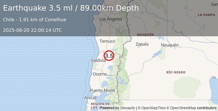 Earthquake LOS LAGOS, CHILE (3.5 ml) (2025-08-20 22:00:14 UTC)