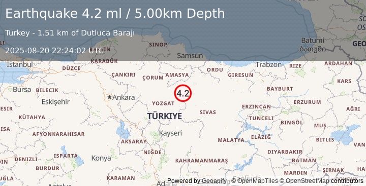 Earthquake CENTRAL TURKEY (4.1 ml) (2025-08-20 22:24:03 UTC)