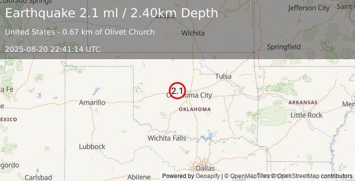 Earthquake OKLAHOMA (2.1 ml) (2025-08-20 22:41:14 UTC)