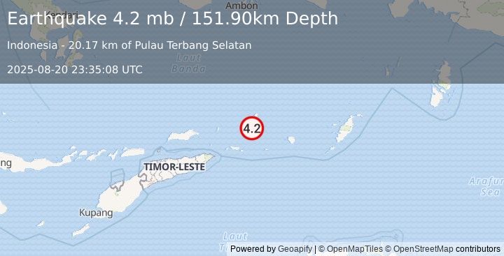 Earthquake KEPULAUAN BARAT DAYA, INDONESIA (4.2 mb) (2025-08-20 23:35:08 UTC)
