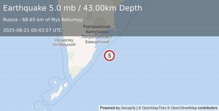 Earthquake OFF EAST COAST OF KAMCHATKA (5.0 mb) (2025-08-21 00:43:52 UTC)
