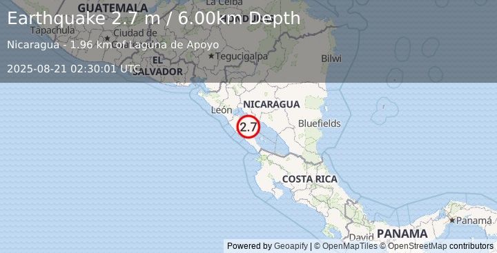 Earthquake NEAR COAST OF NICARAGUA (2.7 m) (2025-08-21 02:30:01 UTC)