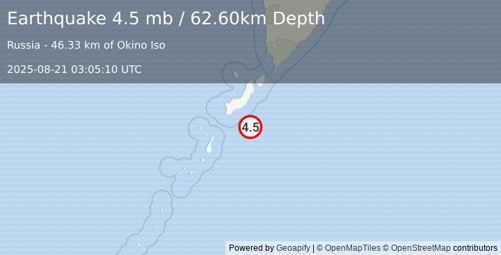 Earthquake KURIL ISLANDS (4.5 mb) (2025-08-21 03:05:10 UTC)