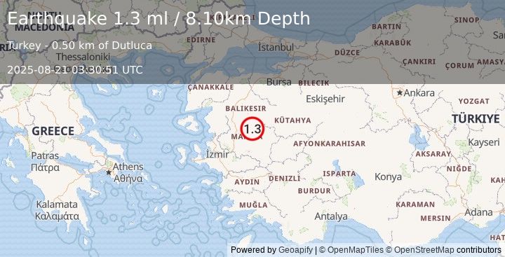 Earthquake WESTERN TURKEY (1.3 ml) (2025-08-21 03:30:51 UTC)
