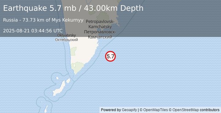 Earthquake OFF EAST COAST OF KAMCHATKA (5.1 mb) (2025-08-21 03:44:49 UTC)