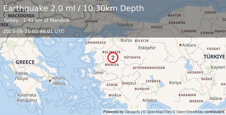 Earthquake WESTERN TURKEY (2.6 ml) (2025-08-21 03:46:48 UTC)