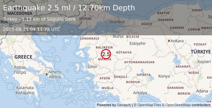 Earthquake WESTERN TURKEY (2.4 ml) (2025-08-21 04:11:29 UTC)