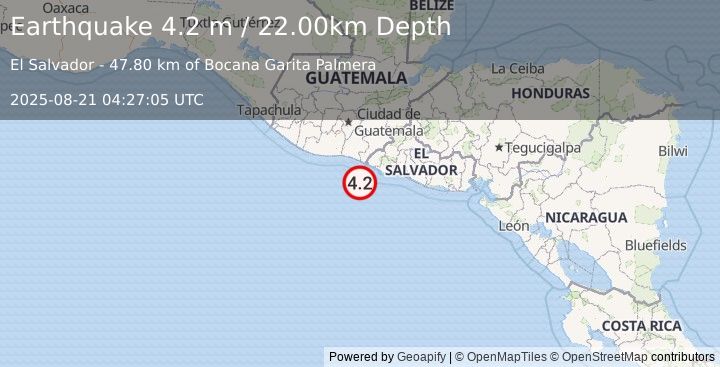 Earthquake OFFSHORE EL SALVADOR (4.2 m) (2025-08-21 04:27:05 UTC)