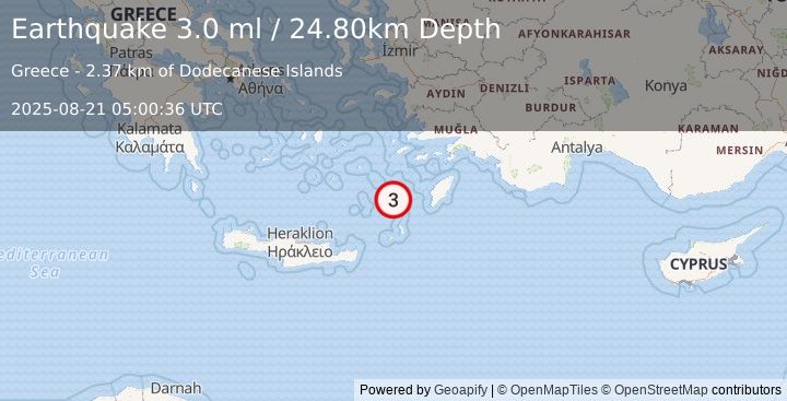 Earthquake DODECANESE IS.-TURKEY BORDER REG (3.0 ml) (2025-08-21 05:00:36 UTC)