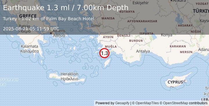 Earthquake DODECANESE IS.-TURKEY BORDER REG (1.3 ml) (2025-08-21 05:11:59 UTC)