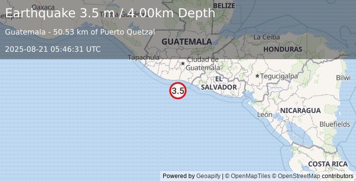 Earthquake OFFSHORE GUATEMALA (3.5 m) (2025-08-21 05:46:31 UTC)