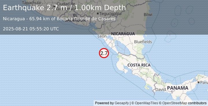 Earthquake NEAR COAST OF NICARAGUA (2.7 m) (2025-08-21 05:55:20 UTC)