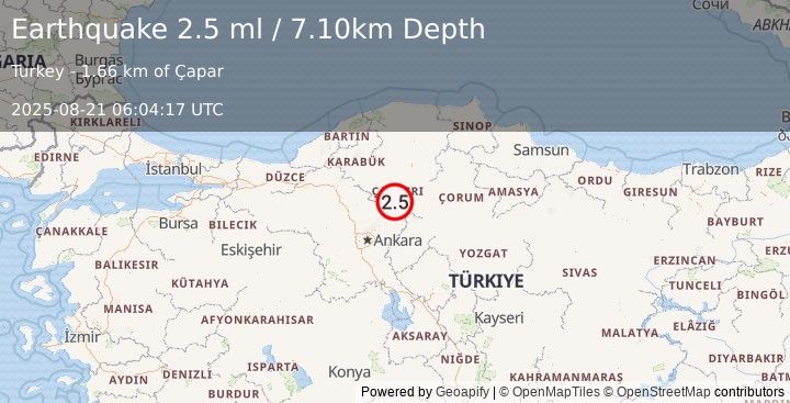 Earthquake CENTRAL TURKEY (2.5 ml) (2025-08-21 06:04:17 UTC)