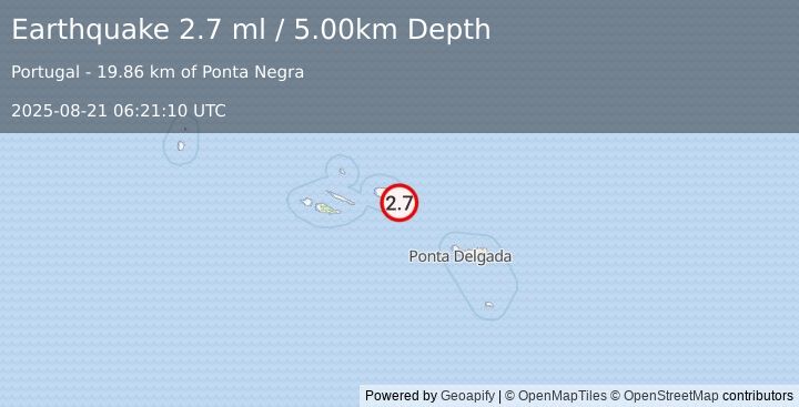 Earthquake AZORES ISLANDS, PORTUGAL (2.7 ml) (2025-08-21 06:21:10 UTC)