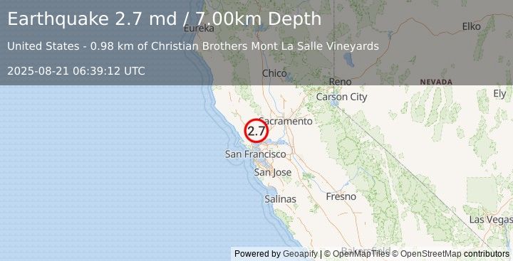 Earthquake NORTHERN CALIFORNIA (2.7 md) (2025-08-21 06:39:12 UTC)