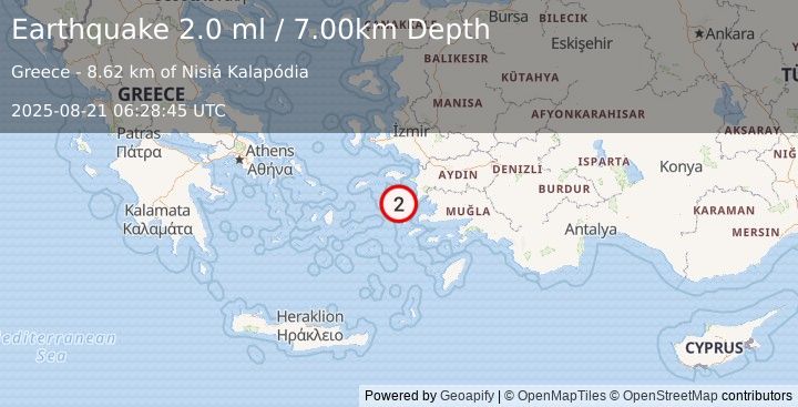 Earthquake DODECANESE ISLANDS, GREECE (2.0 ml) (2025-08-21 06:28:45 UTC)