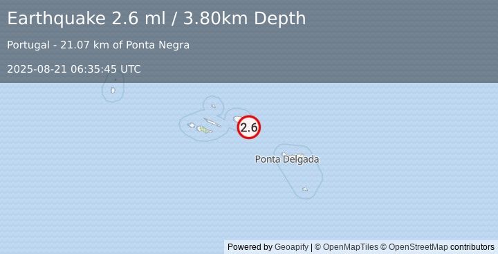 Earthquake AZORES ISLANDS, PORTUGAL (2.6 ml) (2025-08-21 06:35:45 UTC)