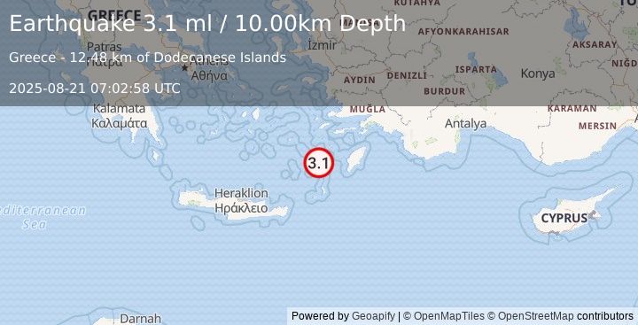 Earthquake DODECANESE ISLANDS, GREECE (2.2 ml) (2025-08-21 07:02:57 UTC)