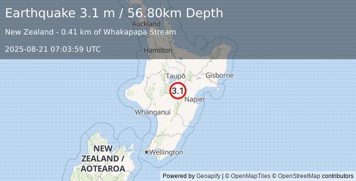 Earthquake NORTH ISLAND OF NEW ZEALAND (3.1 m) (2025-08-21 07:03:59 UTC)