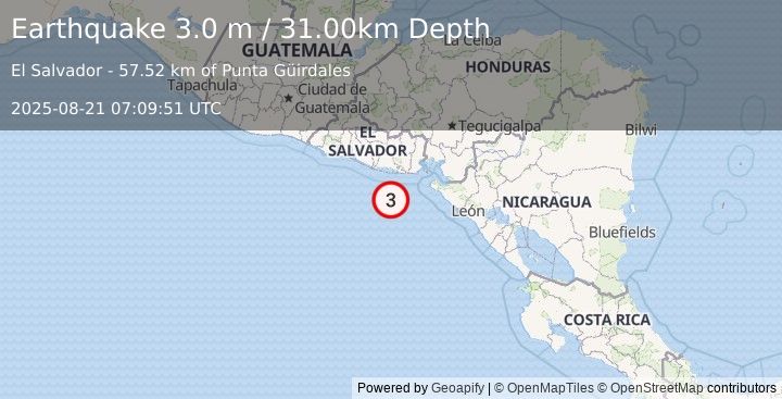 Earthquake OFFSHORE EL SALVADOR (3.0 m) (2025-08-21 07:09:51 UTC)