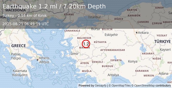 Earthquake WESTERN TURKEY (1.2 ml) (2025-08-21 06:49:19 UTC)
