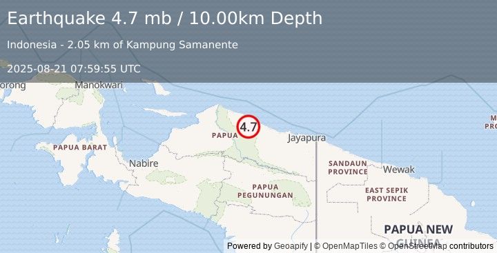 Earthquake PAPUA, INDONESIA (4.7 mb) (2025-08-21 07:59:55 UTC)