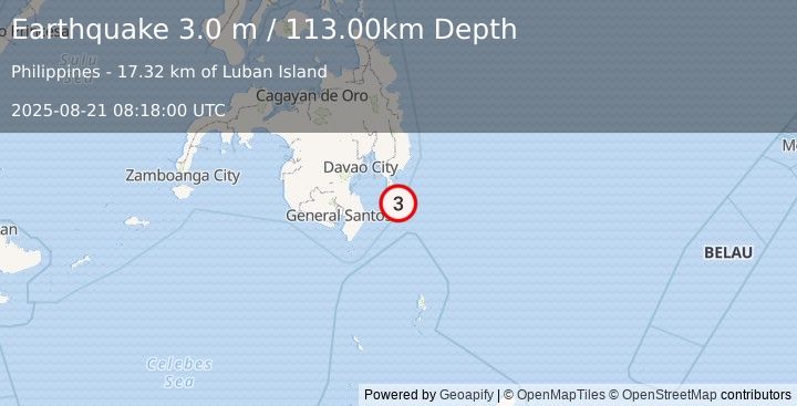 Earthquake MINDANAO, PHILIPPINES (3.2 m) (2025-08-21 08:18:01 UTC)