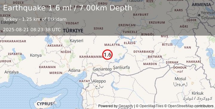 Earthquake CENTRAL TURKEY (1.6 ml) (2025-08-21 08:23:38 UTC)