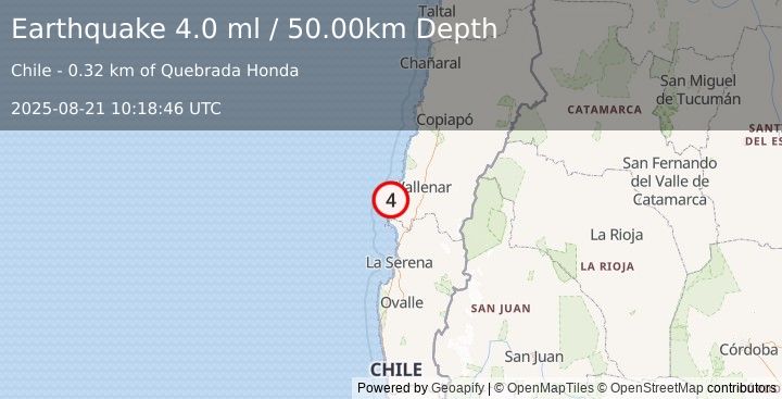 Earthquake OFFSHORE ATACAMA, CHILE (3.9 ml) (2025-08-21 10:18:43 UTC)