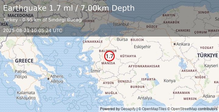 Earthquake WESTERN TURKEY (1.7 ml) (2025-08-21 10:05:24 UTC)