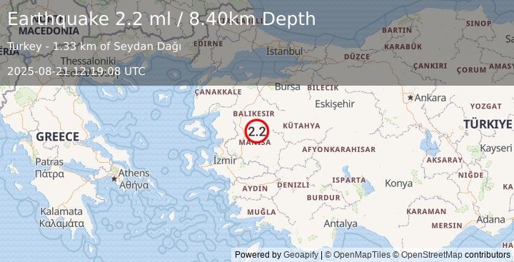 Earthquake WESTERN TURKEY (2.2 ml) (2025-08-21 12:19:08 UTC)