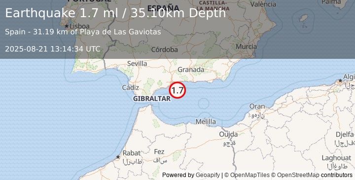 Earthquake STRAIT OF GIBRALTAR (1.7 ml) (2025-08-21 13:14:34 UTC)
