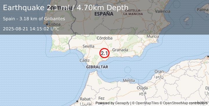 Earthquake STRAIT OF GIBRALTAR (2.1 ml) (2025-08-21 14:15:02 UTC)