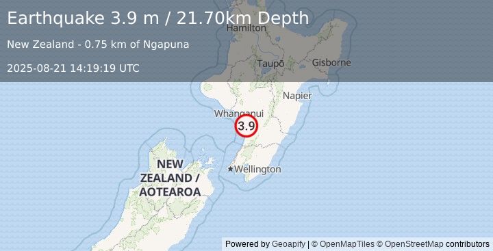 Earthquake NORTH ISLAND OF NEW ZEALAND (3.9 m) (2025-08-21 14:19:19 UTC)