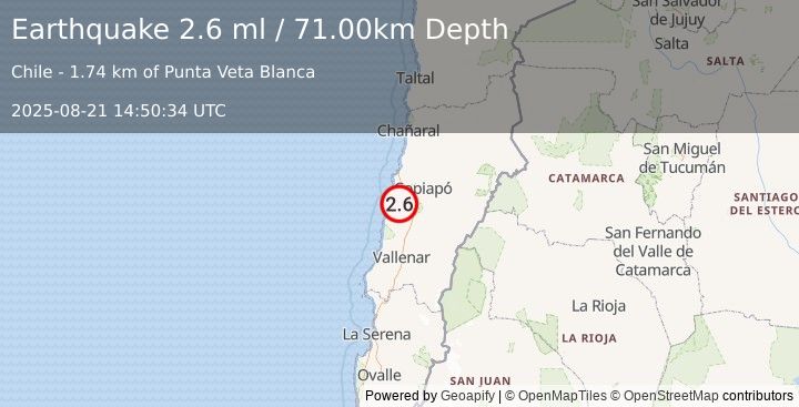 Earthquake ATACAMA, CHILE (2.6 ml) (2025-08-21 14:50:34 UTC)