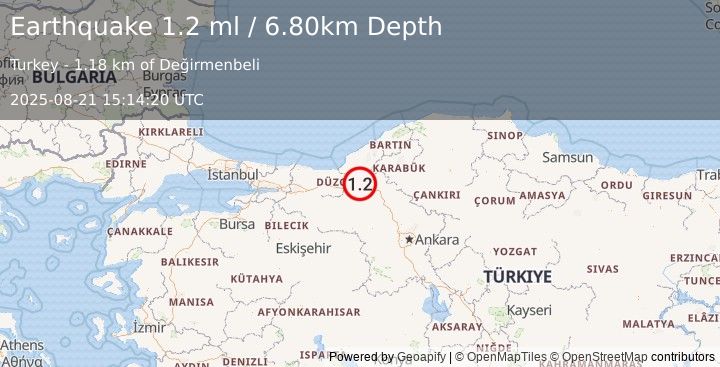 Earthquake WESTERN TURKEY (1.2 ml) (2025-08-21 15:14:20 UTC)